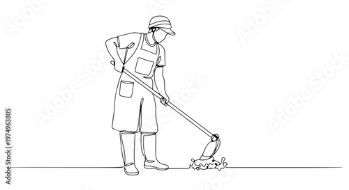 Farmer tilling soil with a hoe. One line drawing vector illustration. Minimalist spring gardening concept. Continuous line art isolated on white