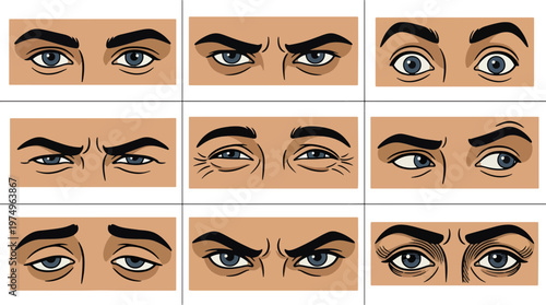 A grid of nine cartoon male eyes illustrates a range of human emotions and gazes with expressive detail on a plain background.