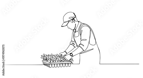 One line drawing of a gardener working with seedlings. Minimalist spring planting illustration. Continuous line art of a farmer in a nursery