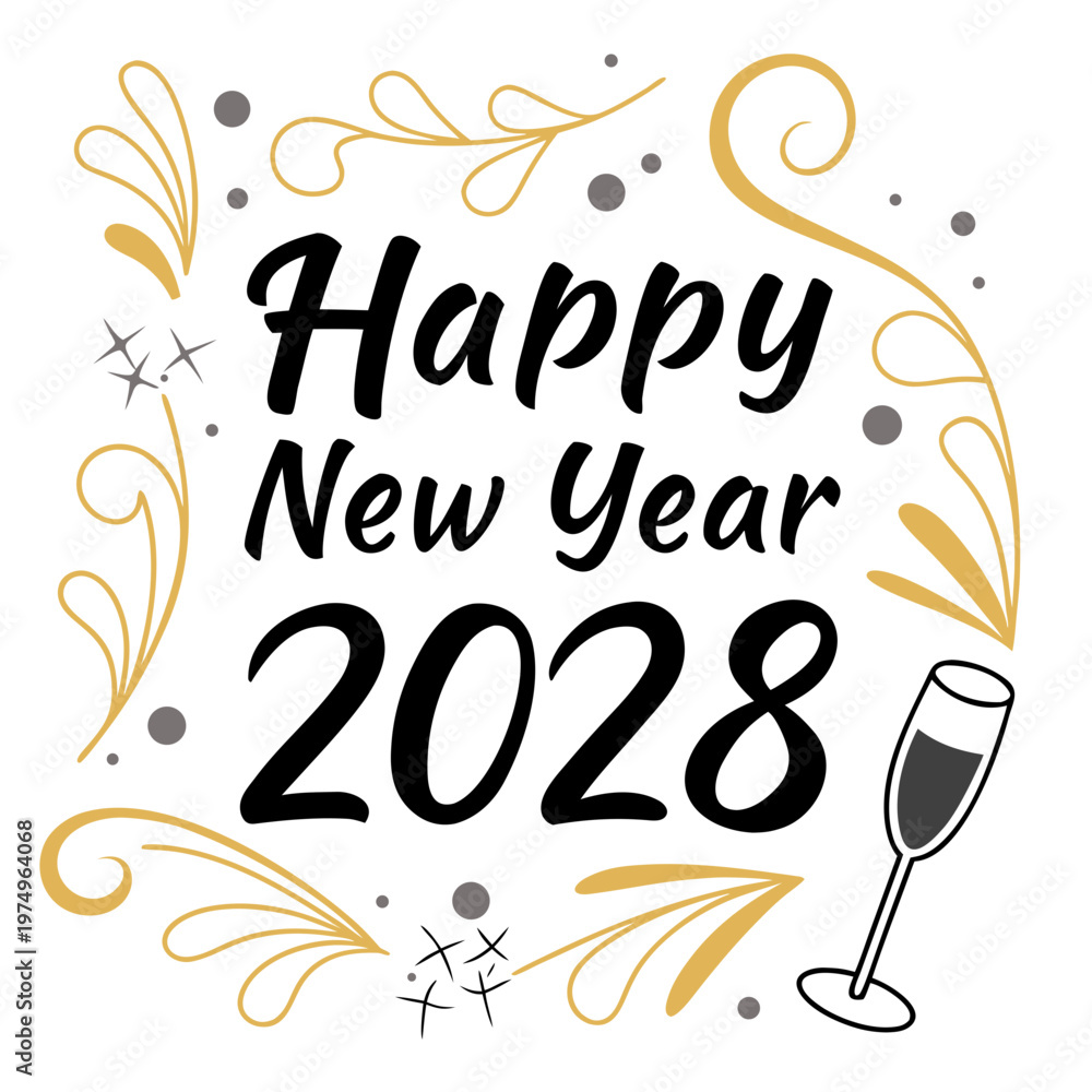 Fototapeta premium A festive graphic displays happy new year 2028 surrounded by golden swirls celebratory confetti and a champagne flute high quality