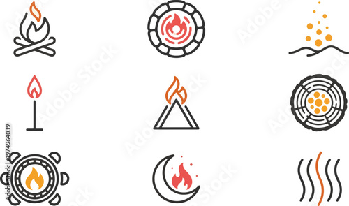 A collection of nine minimalist line art vector icons depicting various fire and heat symbols with warm orange accents on a white background.