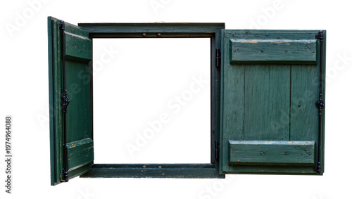 Isolated old green wooden window with open shutters, weathered and distressed with peeling paint