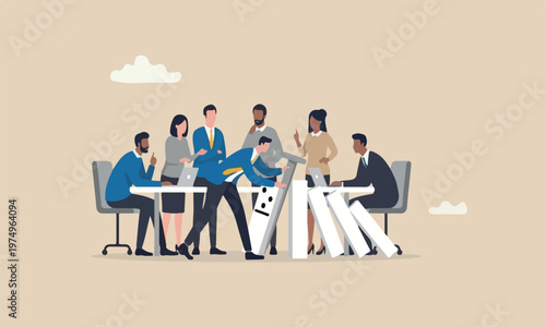  Business continuity and risk, prevention or strategy to avoid danger concept, businessman put the nail to protect domino effect collapse