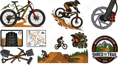 Dynamic vector illustration collection showcasing mountain biking adventure with riders, bikes, trails, and tools in an energetic, earthy-toned graphic style.