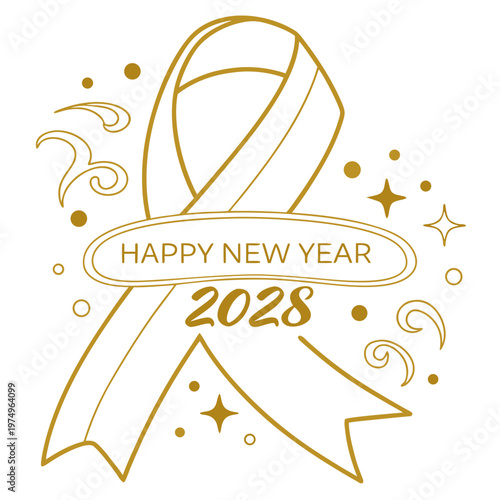 A golden new year illustration features a ribbon shaped rocket with a banner proclaiming happy new year 2028 high quality