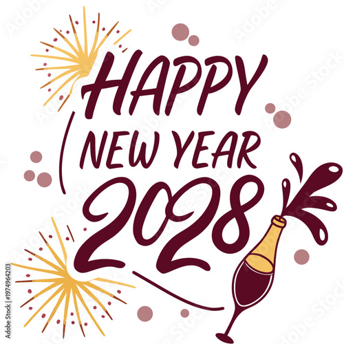 A vibrant new year illustration features the text happy new year 2028 with celebratory elements like fireworks and champagne