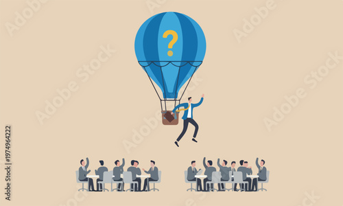 Differentiate initiative businessman flying with balloon stand out from other same competitors