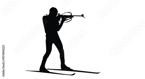 Silhouette of a biathlete aiming a rifle while cross country skiing on a snowy landscape