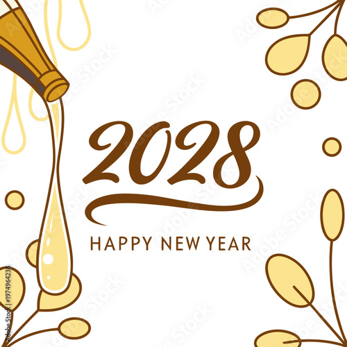A festive illustration showcases golden champagne pouring framing the bold 2028 text with a happy new year message high quality