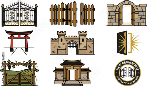 A collection of diverse vector gates and archways, from ornate metal to rustic wood and traditional asian styles, symbolizing entry and new beginnings.