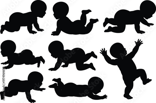Baby silhouette collection, crawling infant poses set, child development stages vector, newborn activity shapes, black isolated illustration design icons