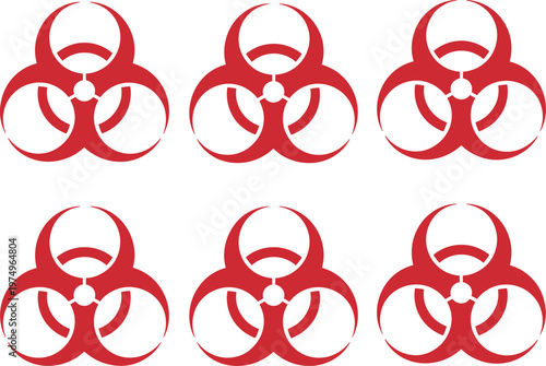 Biohazard symbol collection, toxic danger warning icons set, virus contamination sign vector, hazardous material illustration, red isolated safety design