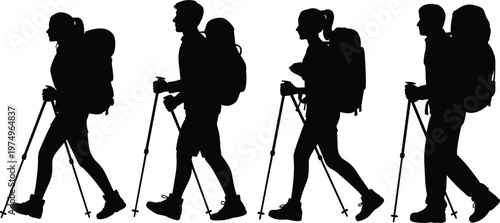 Hiker silhouette set, trekking people with backpacks and poles walking isolated vector outdoor adventure illustration
