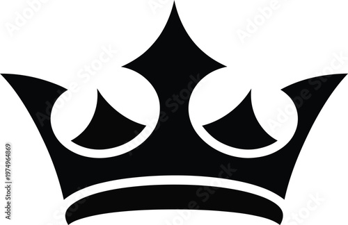 Royal crown icon with pointed top and circular details. Black vector symbol for luxury royalty and power. Flat design element for regal concepts and monarch representations.