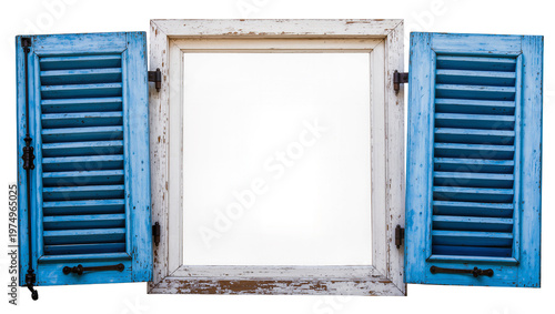 Isolated old distressed window frame with chippy white paint and open blue wooden shutters