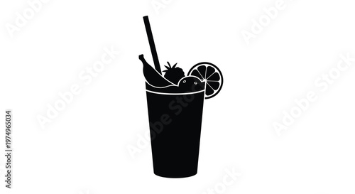 A black silhouette depicts a refreshing fruit smoothie in a tall glass garnished with fruit