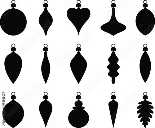 Christmas ornament silhouette collection, holiday decoration baubles set, festive hanging shapes vector, winter celebration design, black isolated illustration icons