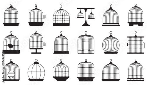 Ornamental bird cage set in minimal line art style for classic themes