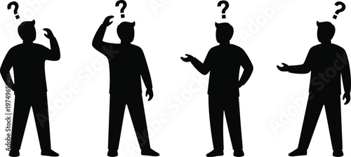 Confused man silhouette set, thinking person with question marks, problem solving concept, uncertainty decision vector, black isolated illustration design