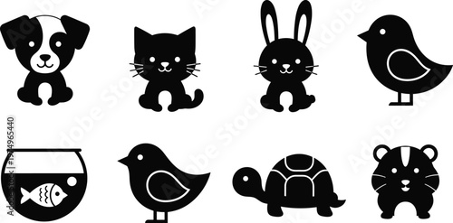 Cute animal silhouette icons set, dog cat rabbit bird turtle hamster fish bowl, cartoon pets vector, black isolated illustration design