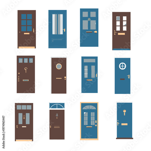 Collection of colorful front doors in various styles and designs on white background