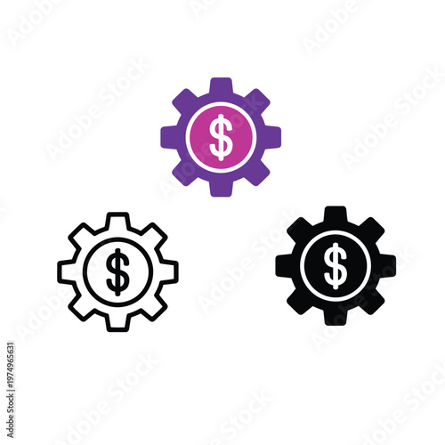 Three gear icons with dollar signs inside in varying color schemes