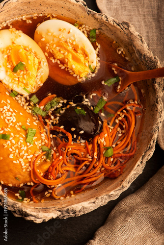 Ramen Style Chicken Soup with Cordyceps, Egg and Ginger in Handmade Ceramic Bowl