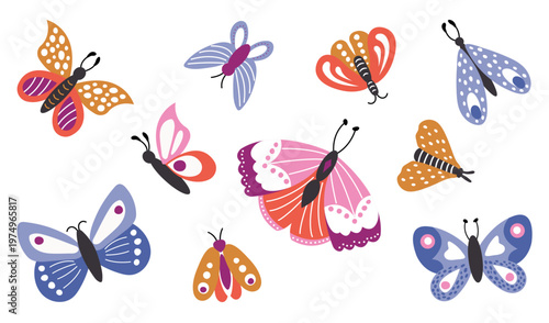 Cute Scandinavian Butterflies Set Colorful Nordic Folk Style Insects Kids Nursery Clipart