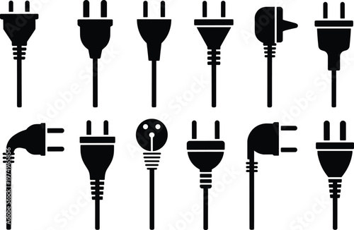 Electric plug set silhouette icons, power cable connectors, socket types collection, energy equipment vector, electrical adapter design isolated black illustration