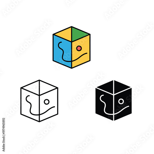 Three colorful and grayscale cube icons with a smiling face design