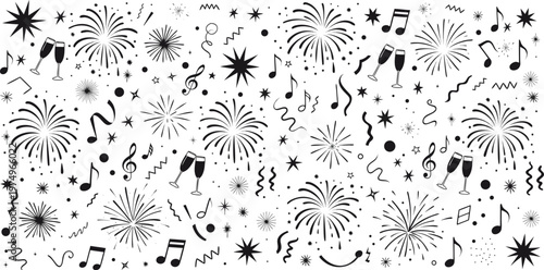 A festive black and white seamless pattern featuring fireworks, music notes and champagne flutes Vector