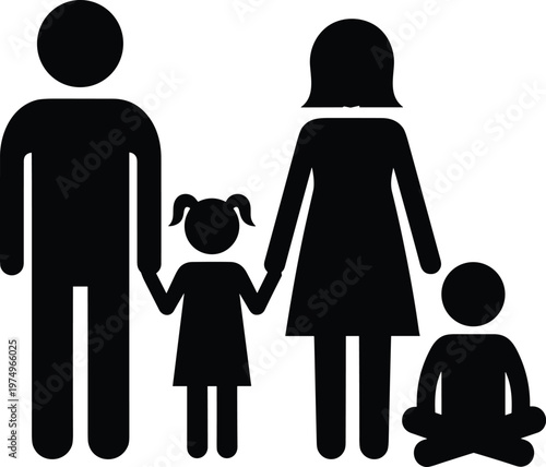 Family silhouette parents with children, happy people together, parenting care concept, social relationship vector, black isolated illustration design icons