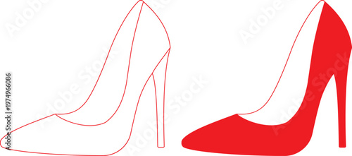 Red high heel shoe silhouette and line art illustration for fashion design