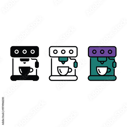 Three variations of a coffee machine icon in different color schemes
