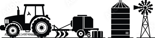 Black silhouette farm equipment set with modern tractor, agricultural baler machine, crop storage grain silo, and traditional water pumping windmill on white background