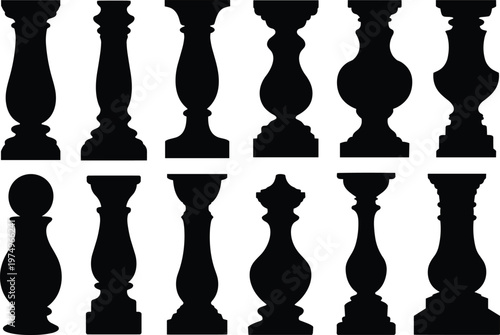 Baluster silhouette collection, decorative column shapes set, classic railing spindles vector, architectural pillar design, black isolated illustration elements