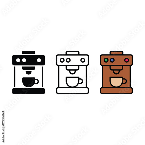 Three variations of an espresso machine illustration showcasing different color schemes