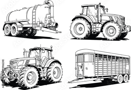 Collection of black and white vector illustrations featuring agricultural machinery, including modern tractors, a slurry tanker, and a livestock trailer for farming