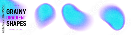 Set of grainy color gradient splashes. Vibrant vector shapes with blur edges, iridescent gradient and grainy texture. Bright acid neon gradient shapes isolated on light background.