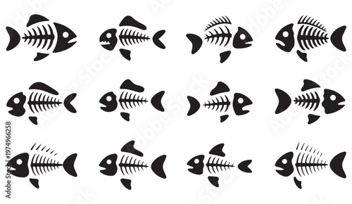 Marine bone icon pack with fish skeleton shapes for ocean themed projects