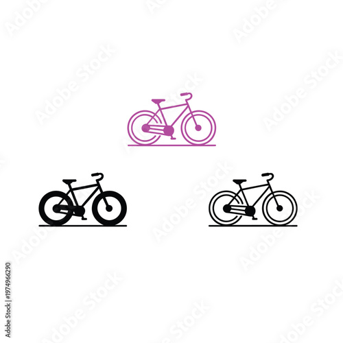Three bicycle illustrations in varying colors pink black and grey