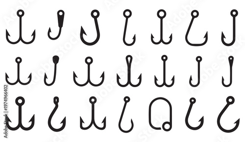 Hook and tackle icon set for marine and recreational fishing themes