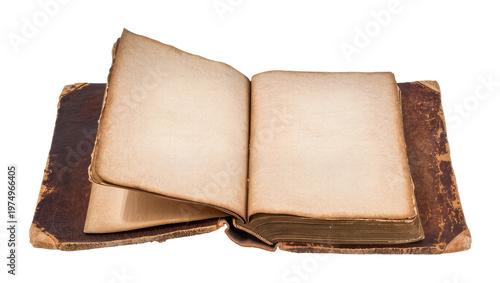 Isolated old open book with blank aged pages, antique leather cover, historical document