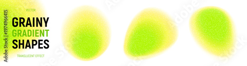 Bright grainy gradient splashes collection. Vibrant vector shapes with blur edges, iridescent gradient and grainy texture. Bright acid neon gradient shapes isolated on light background.