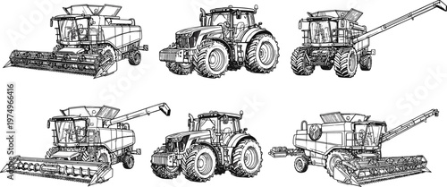Detailed hand drawn sketch of heavy agricultural machinery featuring various combine harvesters and industrial tractors for farming, harvesting, and rural field work design