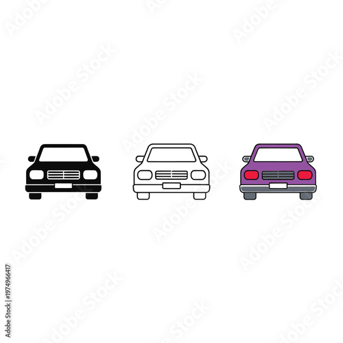 Three stylized car illustrations in black white and purple viewed from the front