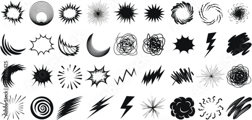 A comprehensive collection of diverse black and white hand drawn comic style graphic elements. Vector