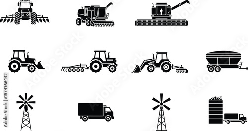 Large collection of black farm equipment icons featuring tractors, combine harvesters, grain trailers, delivery trucks, windmills, and agricultural silhouettes isolated on white background