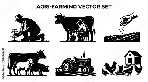 Farmer Silhouette Icons Pack with Chicken Pig Cow Sheep and Crop Farming Scenes