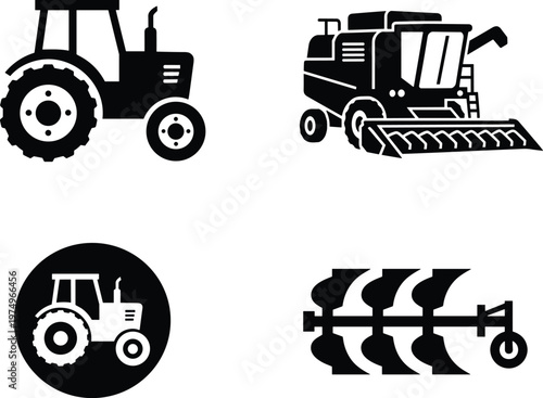 Set of black agricultural icons featuring a modern tractor, combine harvester machine, soil plow tool, and circular farm vehicle symbol isolated on white